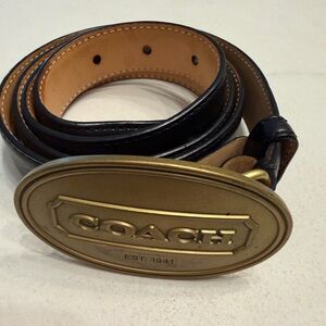 Coach Gold Oval Logo Belt Buckle with Black Strap